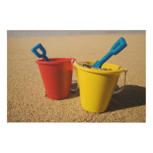 Shovels And Pails On Sandy Beach Wood Wall Art