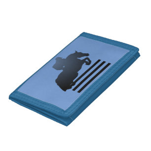 Show jumper clearing an obstacle. tri-fold wallet