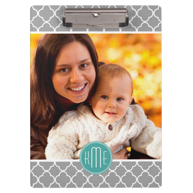 Showcase Your Photo Gray Quatrefoil Mint Monogram Clipboard (Front)