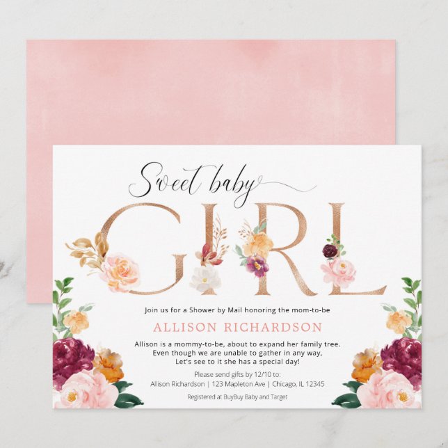 Shower by mail baby girl rose gold burgundy blush invitation (Front/Back)