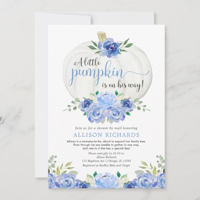 Shower by mail blue gold white pumpkin boy baby invitation (Front)