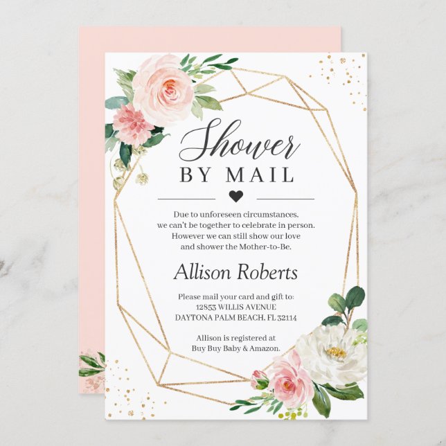 Shower By Mail Blush Pink Floral Gold Geometric Invitation (Front/Back)