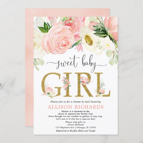 Shower by mail blush pink gold girl baby shower invitation