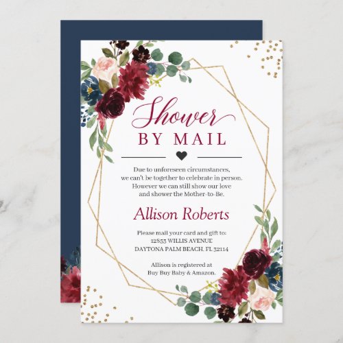 Shower By Mail Burgundy Navy Floral Gold Geometric Invitation