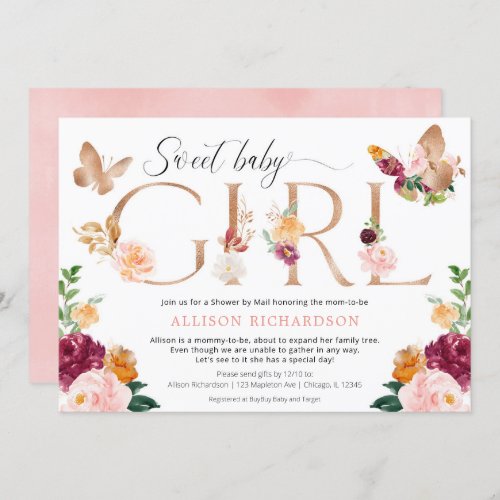 Shower by mail butterfly floral girl baby shower invitation