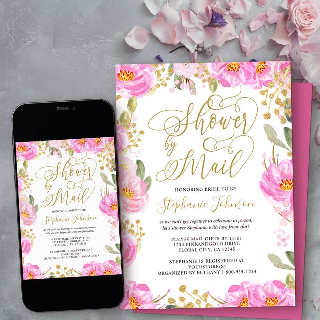 Shower by Mail Calligraphy Pink and Gold Floral Invitation (Order professionally printed or as a diy printable invitation digital download)