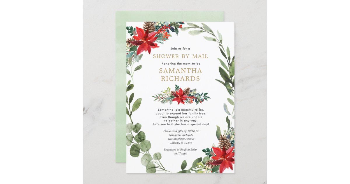 Shower by mail Christmas red greenery wreath Invitation | Zazzle