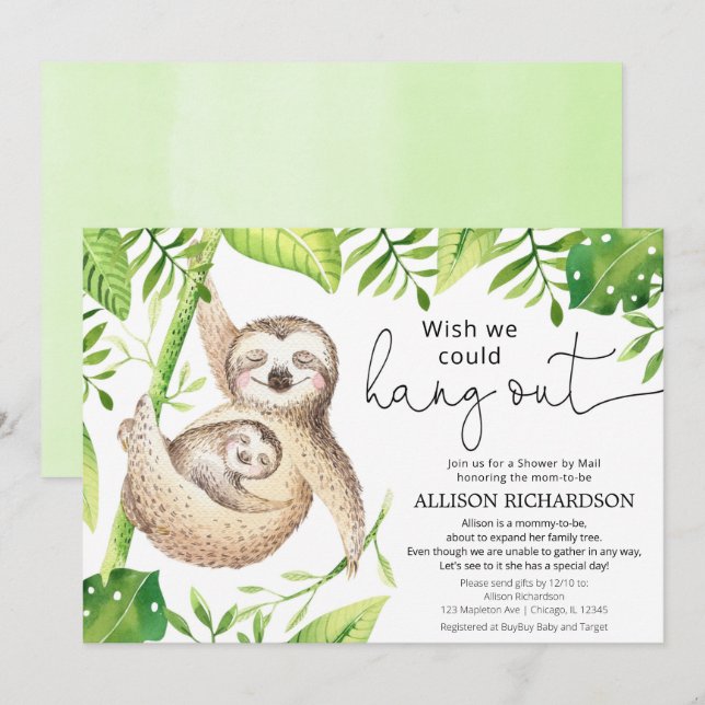Shower by mail cute sloth hang out baby shower invitation (Front/Back)