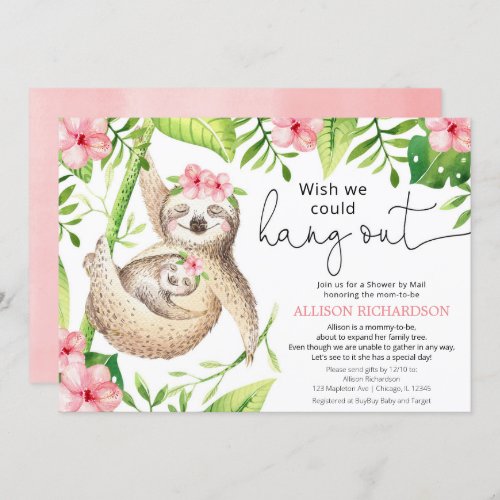 Shower by mail cute sloth pink green girl baby invitation