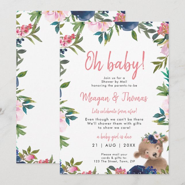 shower by mail distance bear pink baby shower invitation (Front/Back)