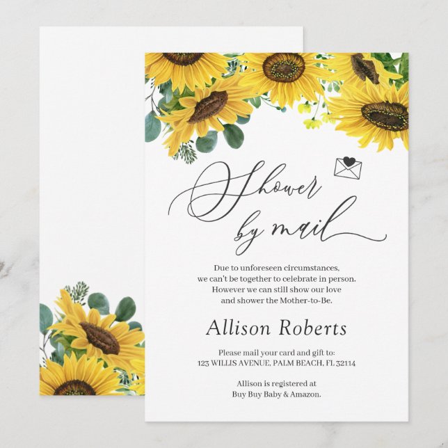 Shower By Mail Elegant Chic Sunflower Eucalyptus Invitation (Front/Back)