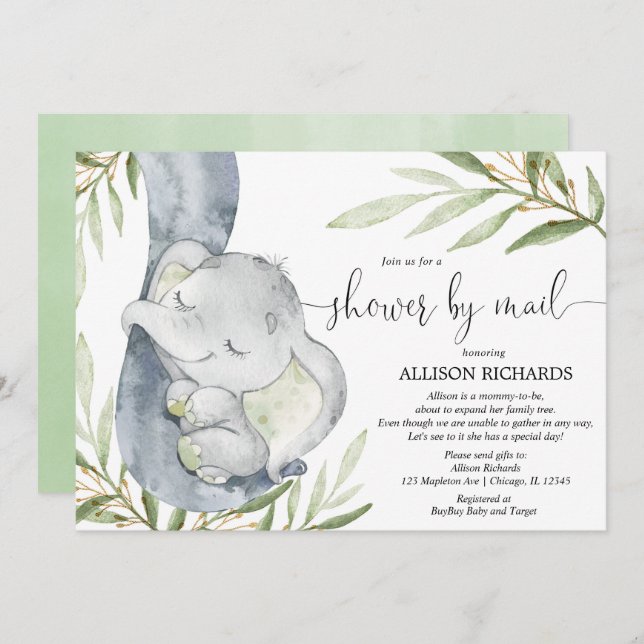 Shower by mail elephant gender neutral baby shower invitation (Front/Back)
