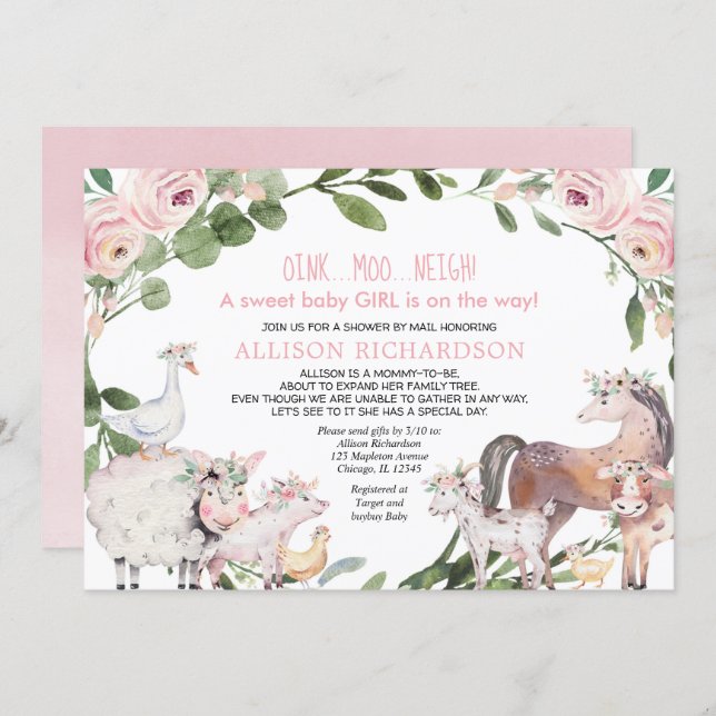 Shower by mail Farm Barnyard animals baby girl Invitation (Front/Back)