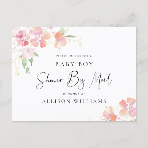 Shower By Mail Floral Pink Coral Gold Baby Boy Invitation Postcard