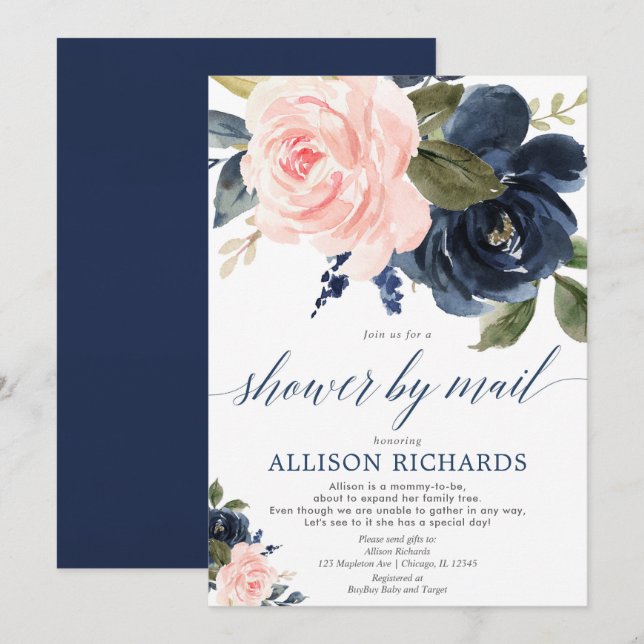 Shower by mail floral pink navy blue baby shower invitation (Front/Back)