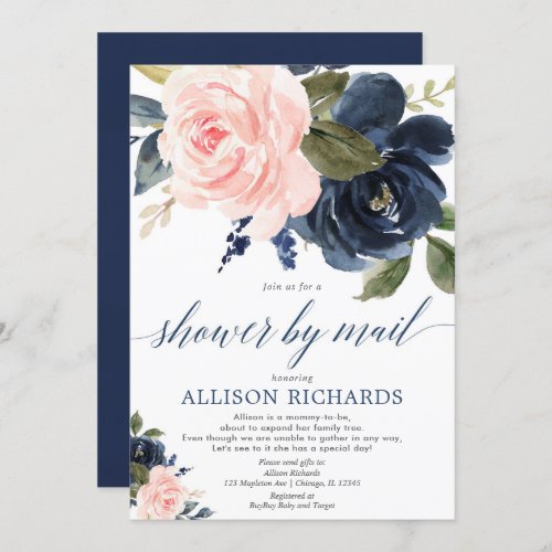 Shower by mail floral pink navy blue baby shower invitation