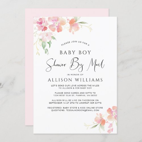 Shower By Mail Floral Pink Watercolor Baby Boy Invitation