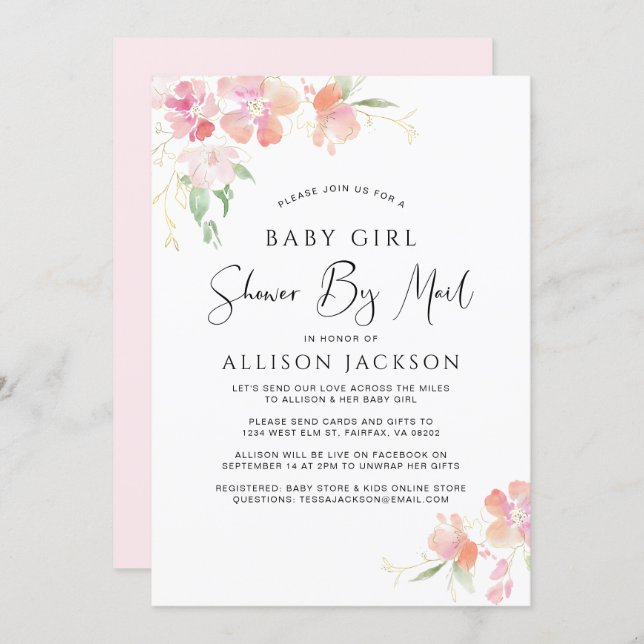 Shower By Mail Floral Pink Watercolor Baby Girl Invitation (Front/Back)