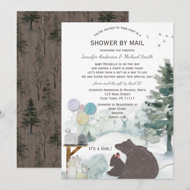 Shower by Mail Forest Woodland Bear Girl Baby Invitation (Front/Back)
