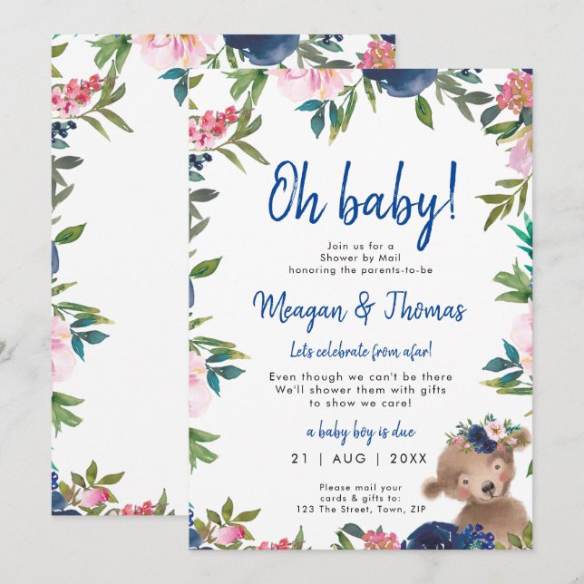 shower by mail from afar bear blue baby shower invitation (Front/Back)