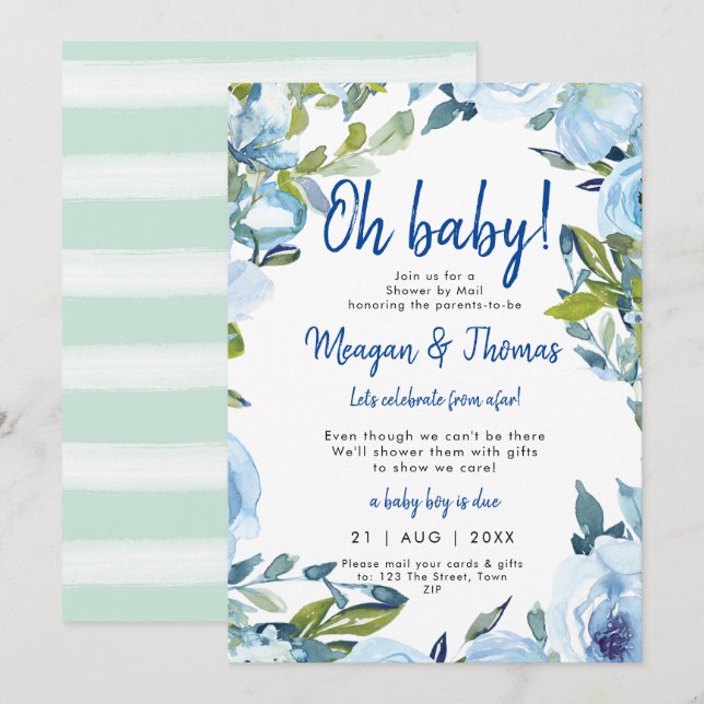 shower by mail from afar blue baby shower invitation (Front/Back)