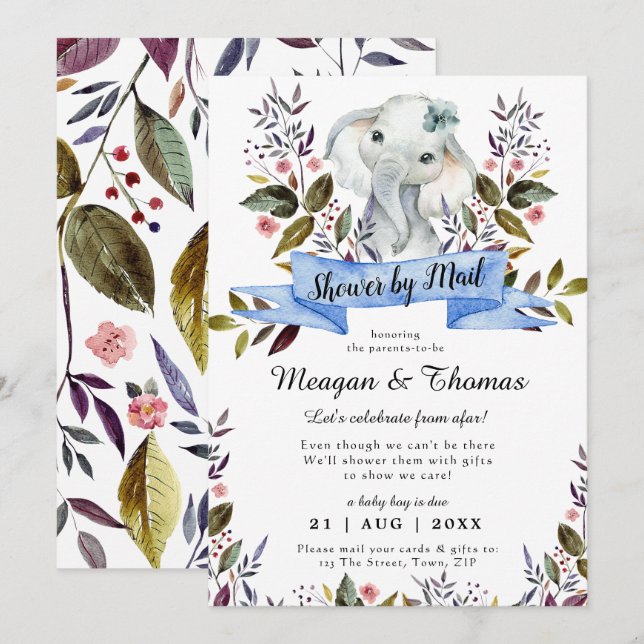shower by mail from afar elephant blue baby shower invitation (Front/Back)