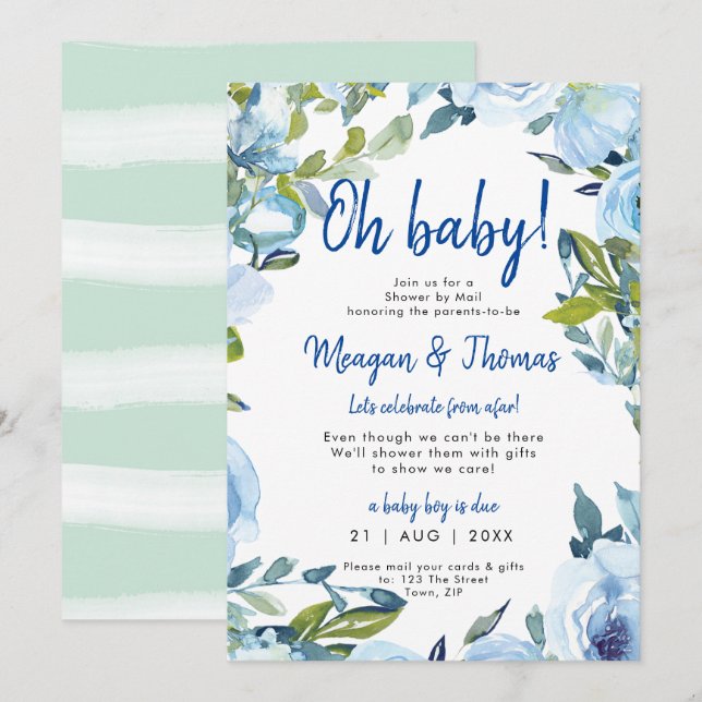 shower by mail from afar floral blue baby shower invitation (Front/Back)