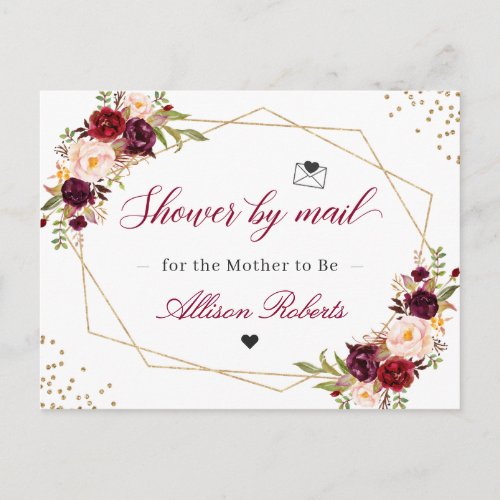 Shower By Mail Gold Geometric Burgundy Red Floral Postcard - Baby Shower or Bridal Shower - Gold Geometric Burgundy Red Floral Shower By Mail Announcement Postcard. 
(1) For further customization, please click the "customize further" link and use our design tool to modify this template.
(2) If you need help or matching items, please contact me.