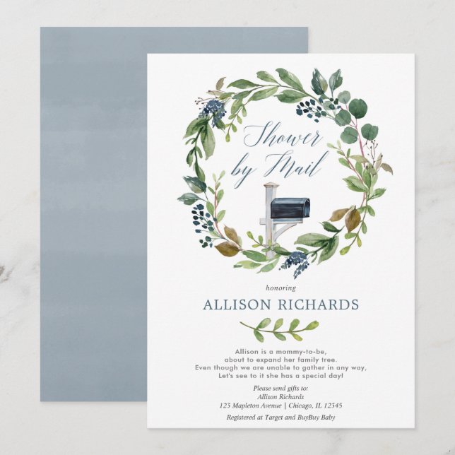 Shower by mail greenery dusty navy blue floral boy invitation (Front/Back)