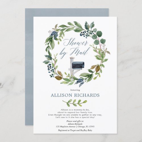 Shower by mail greenery dusty navy blue floral boy invitation
