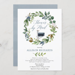 Shower by mail greenery dusty navy blue floral boy invitation