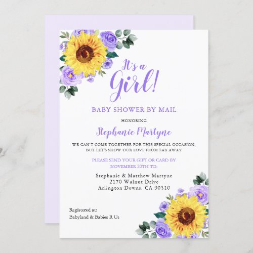 Shower By Mail Its A Girl Sunflower Purple Floral Invitation