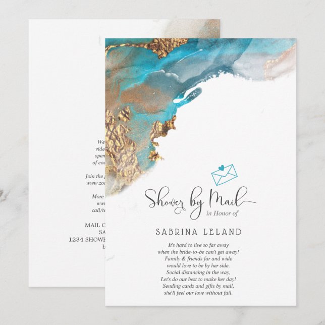 Shower by Mail Marbled Alcohol Ink Teal and Gold Invitation (Front/Back)
