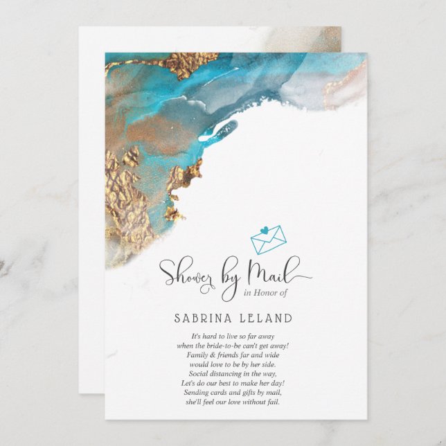 Shower by Mail Marbled Alcohol Ink Teal and Gold Invitation (Front/Back)