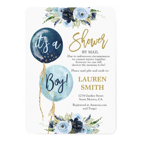 Shower by Mail Navy blue balloon baby shower boy Invitation