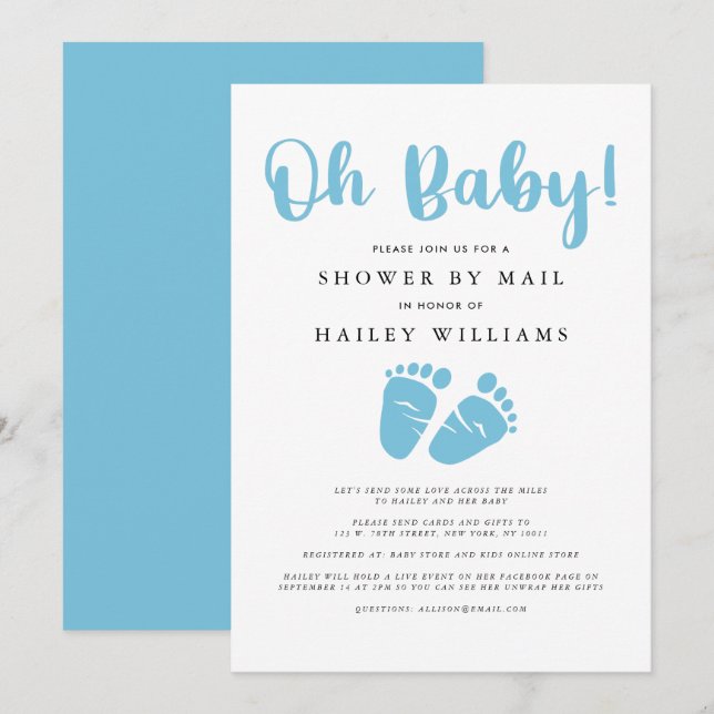 Shower by Mail | Oh Baby Boy Blue Baby Feet Invitation (Front/Back)