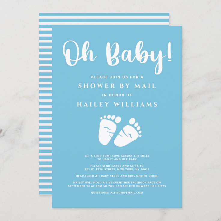 Shower by Mail Oh Baby Boy Feet Blue White Invitation | Zazzle