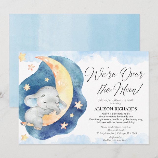Shower by Mail over the moon elephant baby shower Invitation (Front/Back)