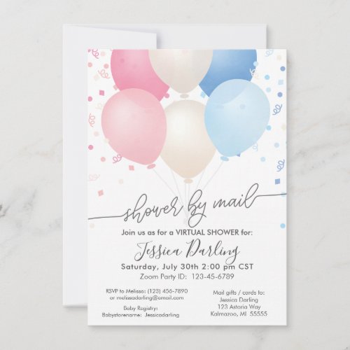 Shower by Mail Pink and Blue Balloons and Confetti Invitation
