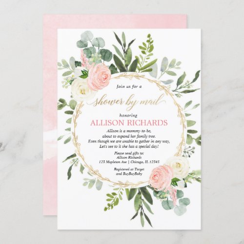 Shower by mail pink gold greenery baby shower invitation