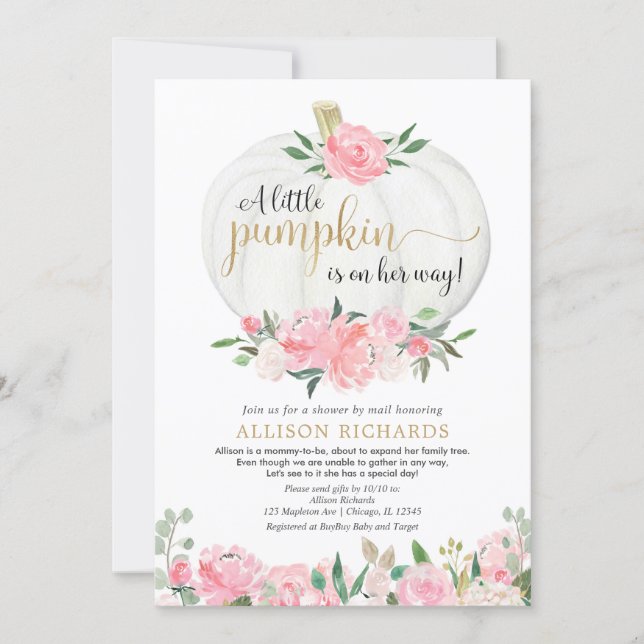 Shower by mail pink gold white pumpkin girl baby invitation (Front)