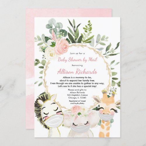 Shower by mail pink greenery gold girl baby shower invitation
