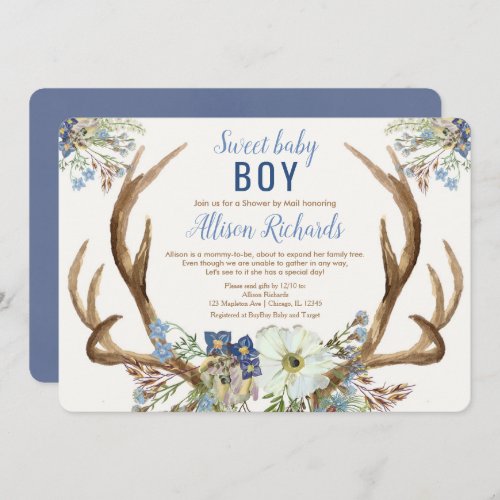 Shower by mail Rustic antlers blue floral boy baby Invitation