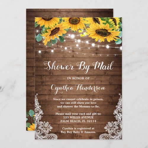 Shower By Mail Rustic Lights Sunflower Eucalyptus Invitation - Baby Shower or Bridal Shower - Rustic Wood String Lights Sunflower Eucalyptus Leaves Shower By Mail Announcement Card. 
(1) For further customization, please click the "customize further" link and use our design tool to modify this template.
(2) If you need help or matching items, please contact me.