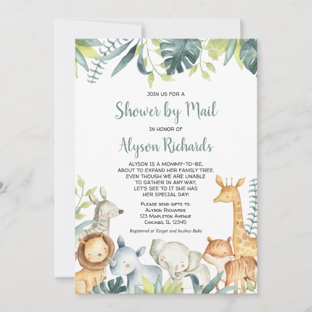 Shower by mail safari animals gender neutral baby invitation (Front)
