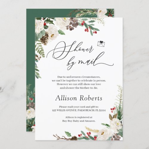 Shower By Mail Script Rustic Winter Floral Leaves Invitation