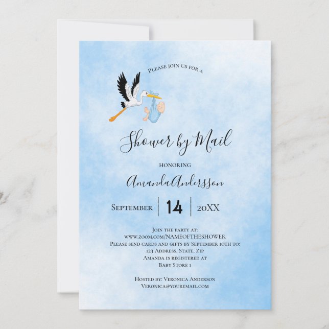 Shower by mail stork baby boy blue sky cute invitation (Front)
