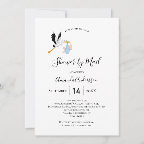 Shower by mail stork baby boy blue white cute invitation