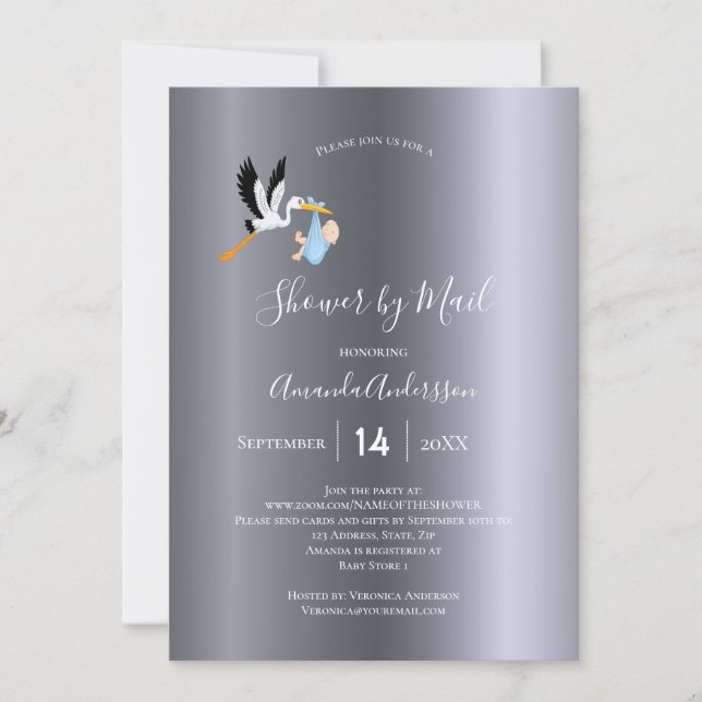 Shower by mail stork baby boy silver cute invitation (Front)