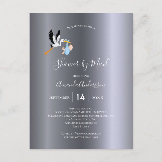 Shower by mail stork baby boy silver cute postcard (Front)